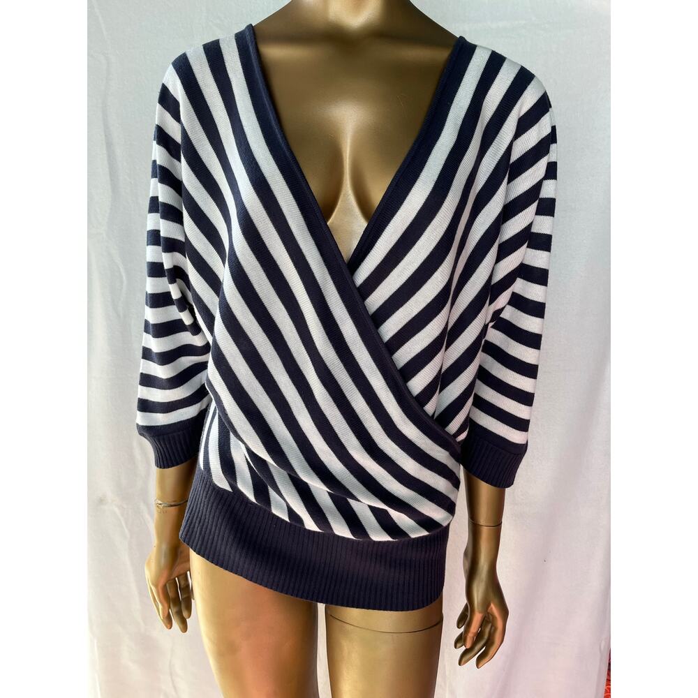 Womens Striped Surplice V Neck 3/4 Sleeve Sweater Knit Top White Navy Size 2XL